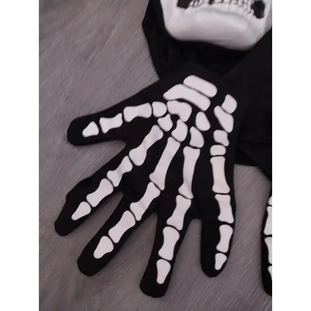Latex Skeleton Halloween Mask with Black Hood and Skeleton Gloves Adult Costume